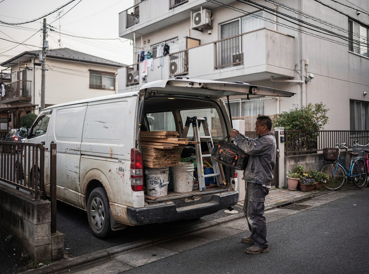資材を積んだ作業用バンが現場の前に停まっている様子