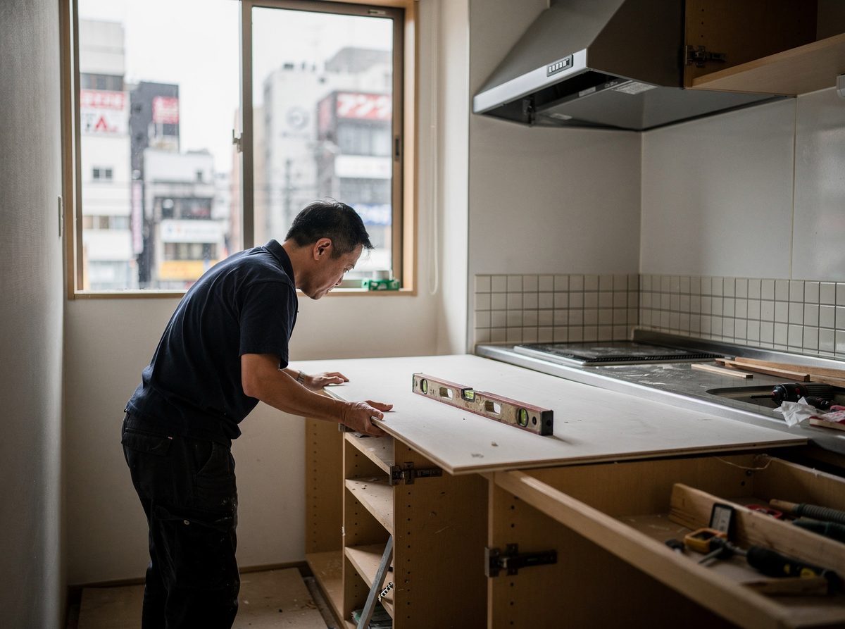 キッチンの作業台を取り付けている工程